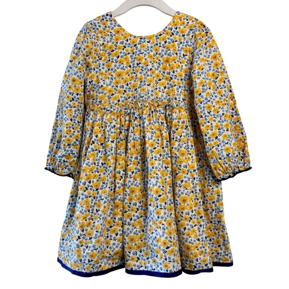 PINK CHICKEN Amma Dress Girls 4T 4 Golden Ditsy Floral Yellow Blue Spring Cotton - Picture 1 of 9